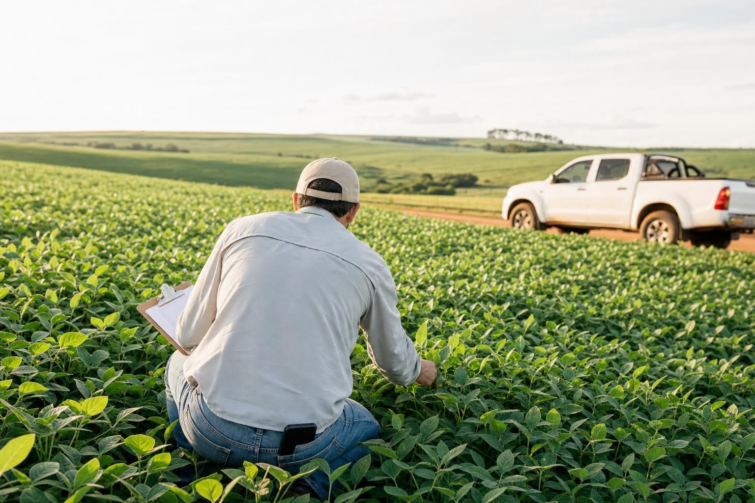 Agrônomo em visita técnica no talhão com produtor usando ChatGPT