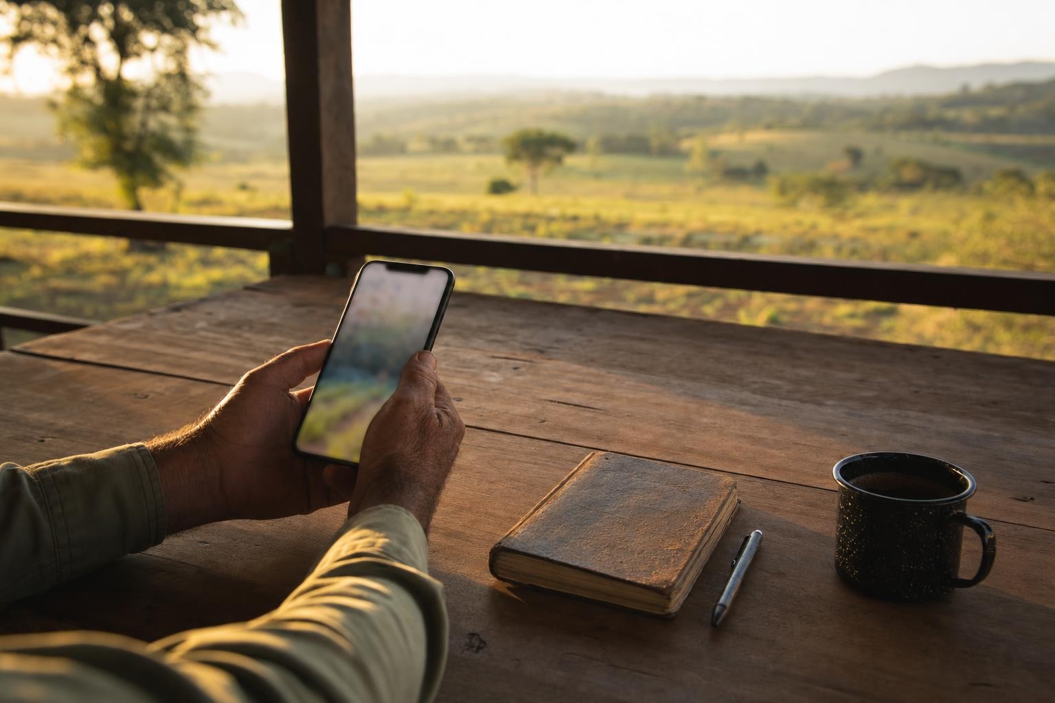 Fábio Kinsch usando o ChatGPT no celular no meio da lavoura em Minas Gerais
