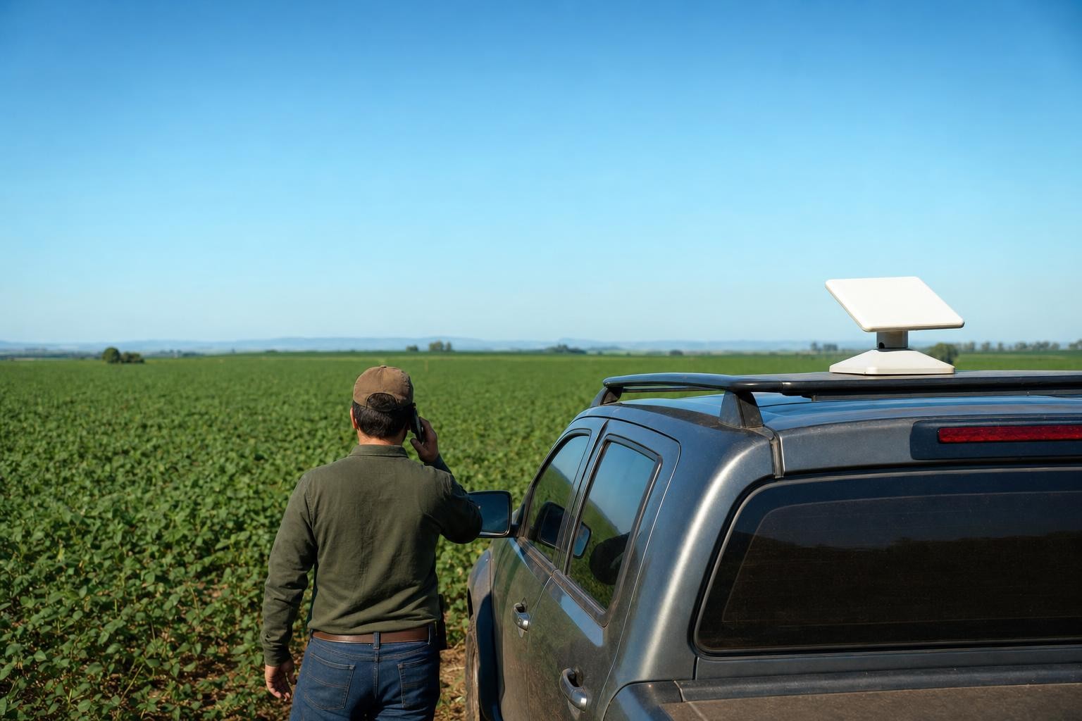 Antena Starlink instalada em veículo de fazenda no Sul de Minas