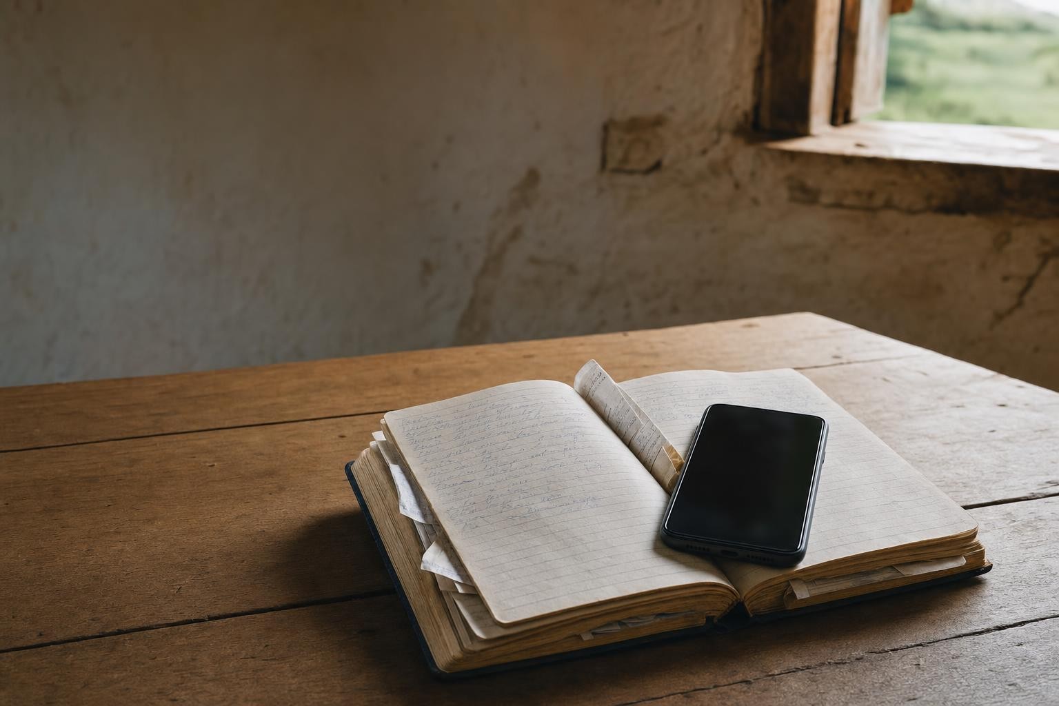 Caderno de anotações, notas fiscais e celular com WhatsApp sobre a mesa da fazenda