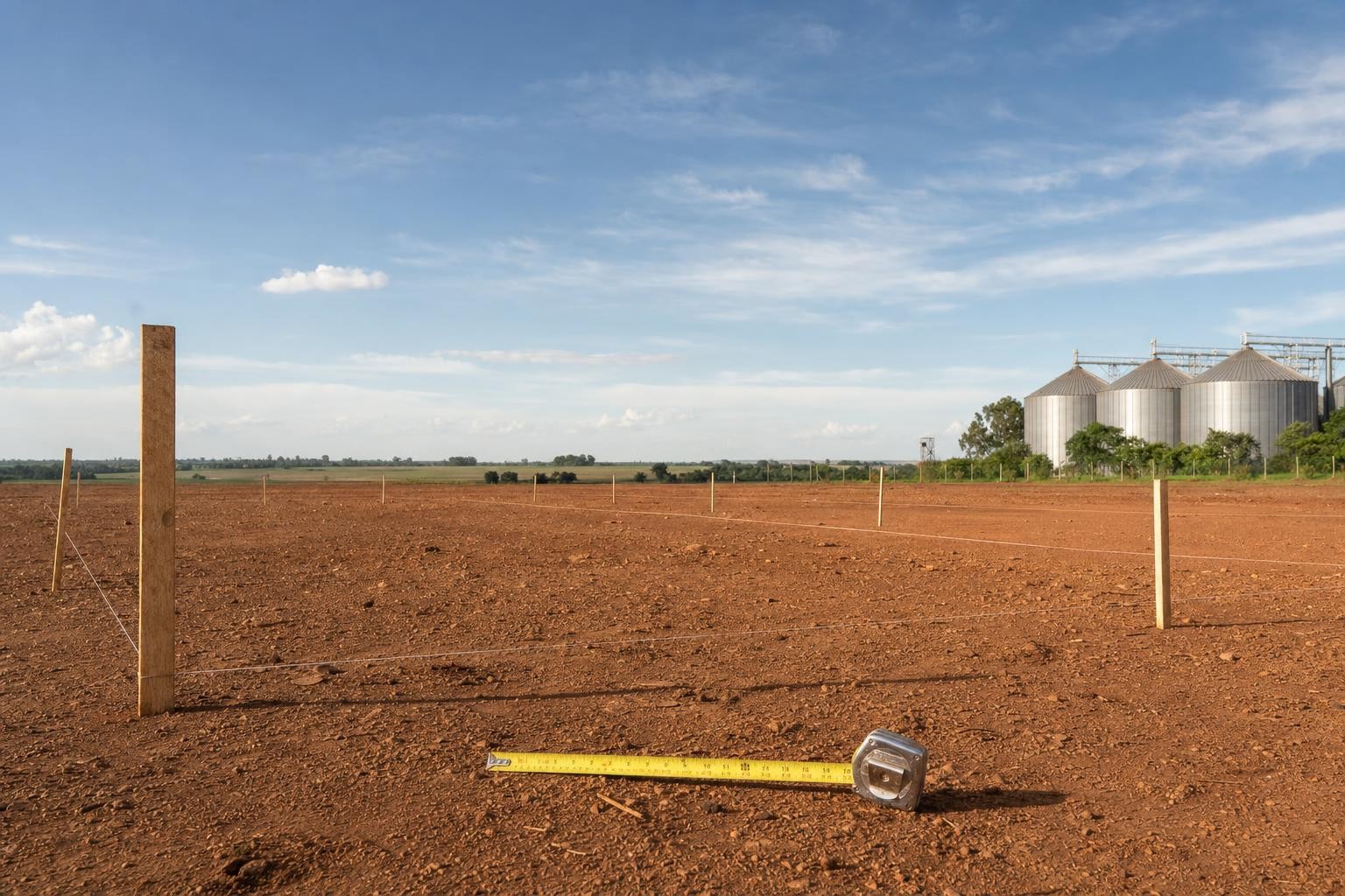 Foto real de área da fazenda com galpão simulado por IA no local exato da construção