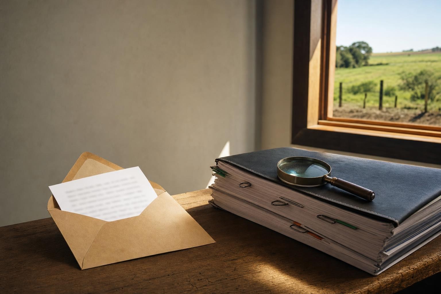 Apólice de seguro rural e carta de negativa de sinistro sobre a mesa